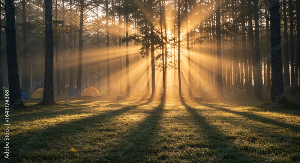 Fototapeta premium Forest campsite bathed in golden sunlight