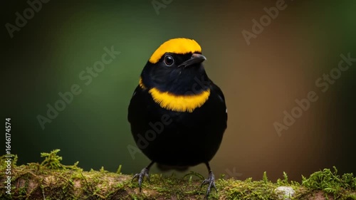 Golden Crowned Manakin Bird Perched on Mossy Branch with Green and Brown Soft Background in Wildlife Tropical Colors Close Up Profile