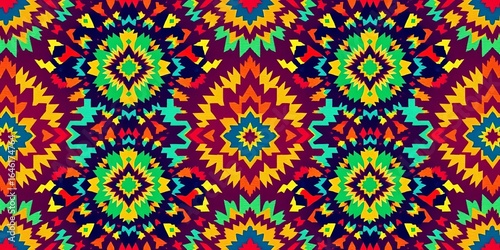 Intricate geometric ethnic ikat pattern in vibrant colors, ideal for textile design, ethnic, heritage