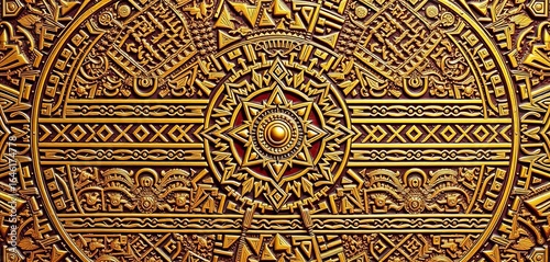 Intricate, gold-toned Aztec metalwork, repeating geometric design,   antique,  ancient