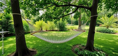 Relaxing hammock strung between trees in a lush green backyard, idyllic,   summer vibe
