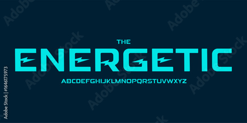Electric geometric alphabet, bold sans serif lettering, futuristic font for automotive logo, robotic charger headline, battery power display typographic design, vehicle typography. Vector typeset