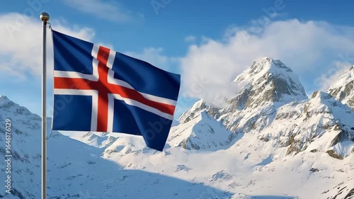 Icelandic flag waving proudly against a backdrop of snow-covered mountains and a bright blue sky, perfect for travel, tourism, and national pride marketing campaigns