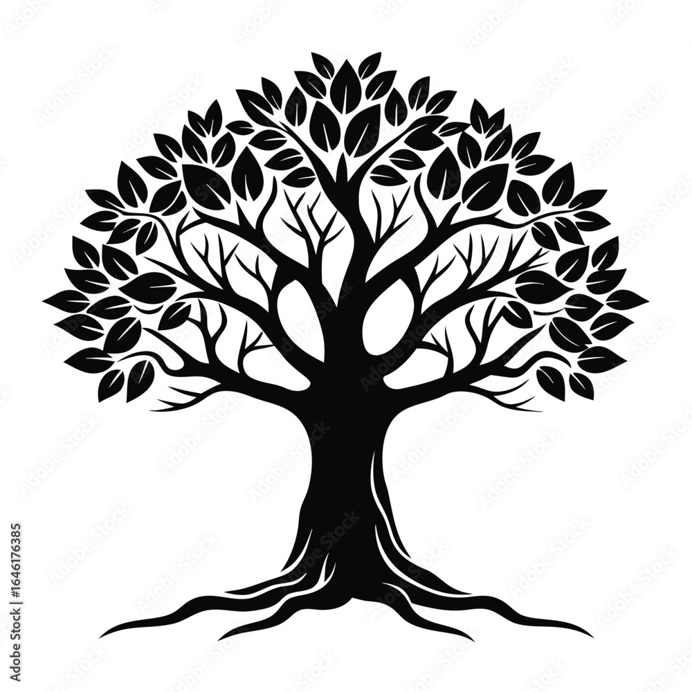 Fototapeta premium Tree silhouette logo with roots and branches. Black tree vector icon, logo illustration.