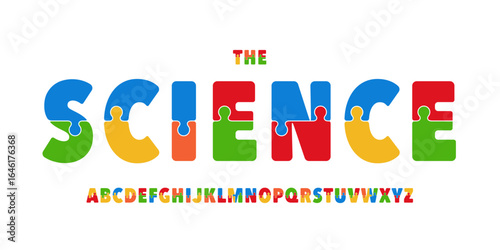 Kid Science educational font, STEM colorful alphabet for scientific headline, funny scientific game and lessons book typographic design. Modern vector typeset