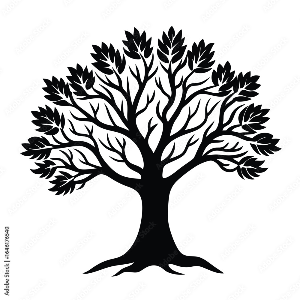Fototapeta premium Tree silhouette logo with roots and branches. Black tree vector icon, logo illustration.