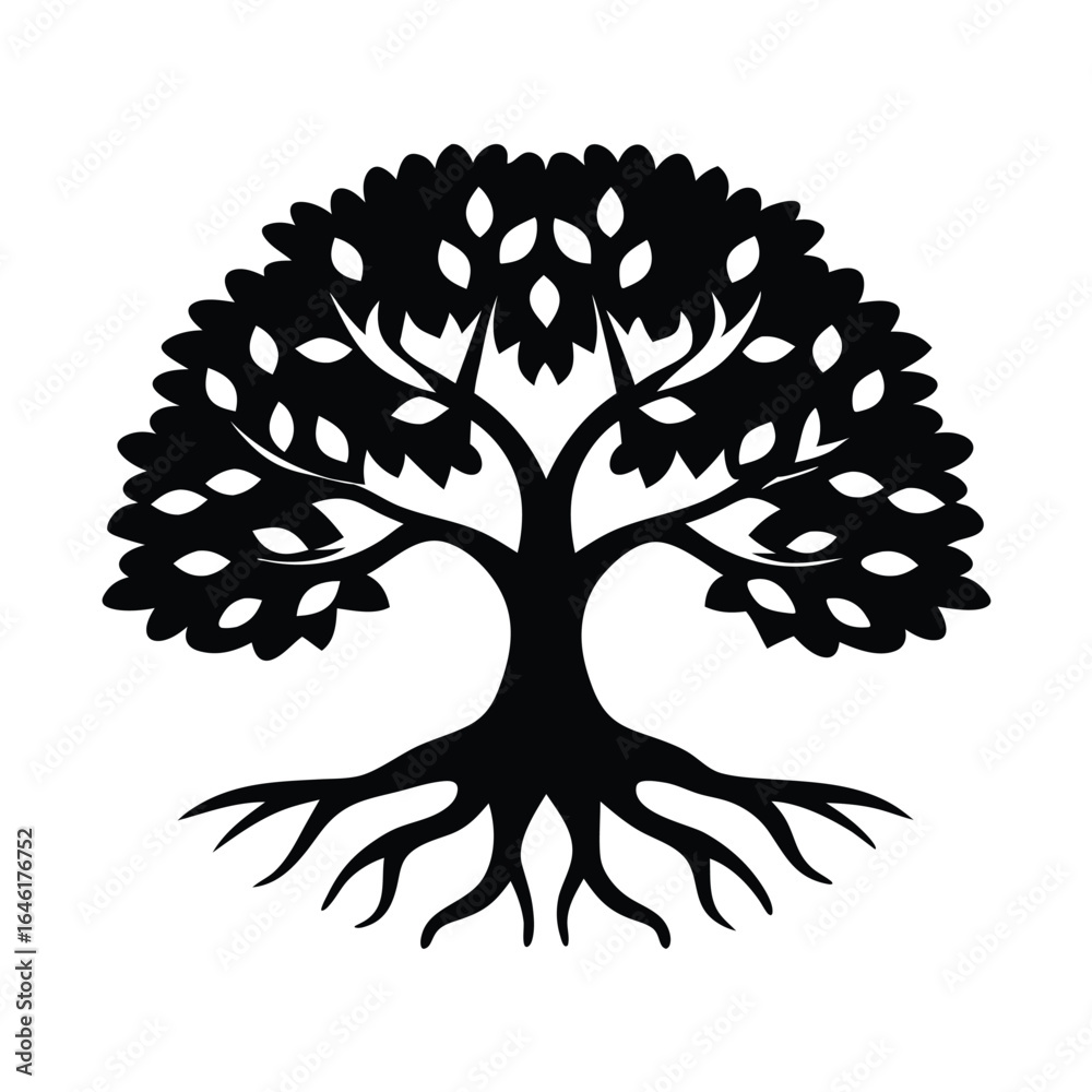 Obraz premium Tree silhouette logo with roots and branches. Black tree vector icon, logo illustration.