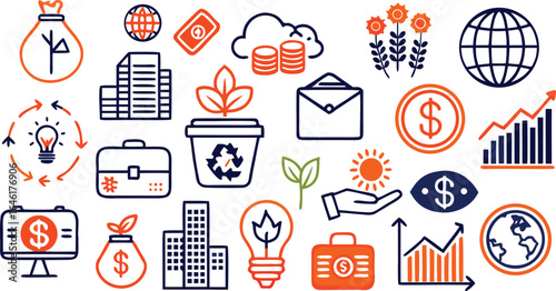 Financial growth and investment icons with money bag and globe