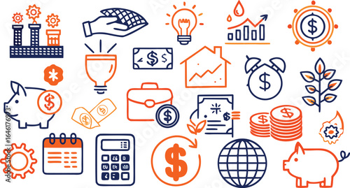 Financial Icons With Calculator And Piggy Bank finance