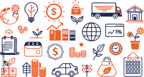 Orange and blue financial and business icons doodle