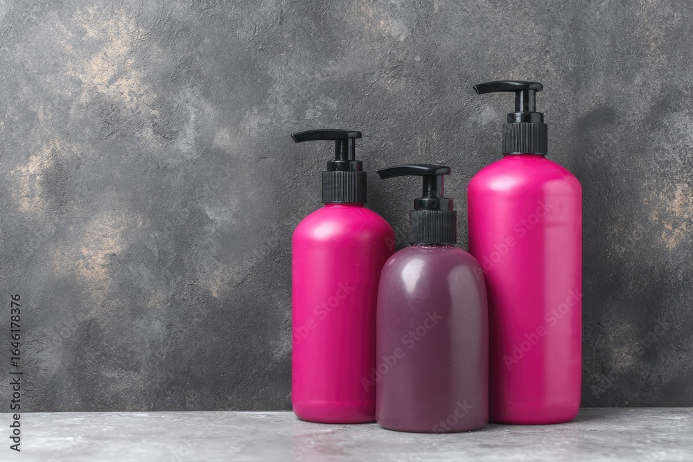 Obraz premium Three pink and purple plastic bottles with pump tops on a gray surface.