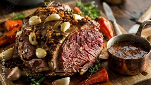 Garlic studded roast beef with herbs and spices on wooden cutting board, sliced to show perfectly cooked interior with roasted vegetables and rich gravy sauce