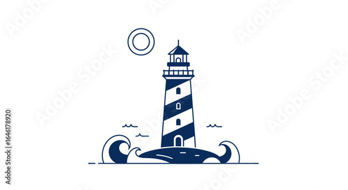 Striking minimalist lighthouse vector illustration amidst ocean waves and sunny skies evokes nautical adventure