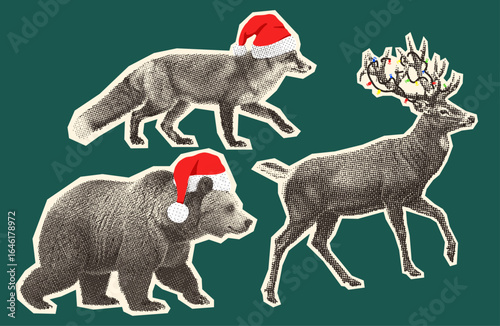 fox and bear wearing Santa Clause hat and deer with light garland around antlers, wild animals collage in retro halftone style, vintage Christmas illustration