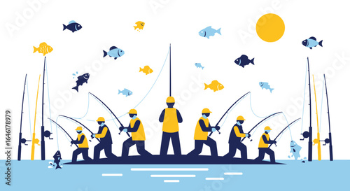 Stylish illustration of a group of people fishing with rods under the sunny sky