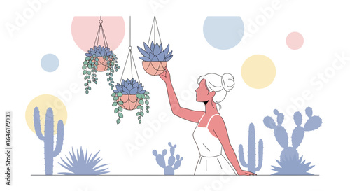 Stylish woman taking care of hanging plants in a minimalist botanical illustration