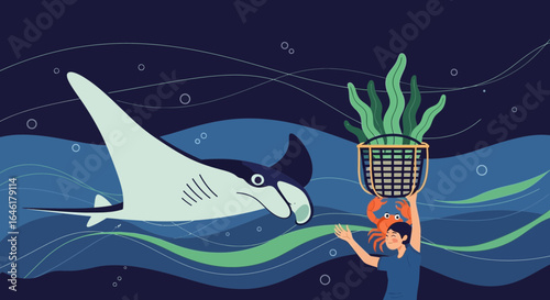 Underwater Encounter Man Meets Manta Ray Carrying Seaweed Basket With Crab