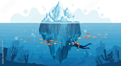 Underwater adventure: A scuba diver explores the hidden depths beneath an iceberg