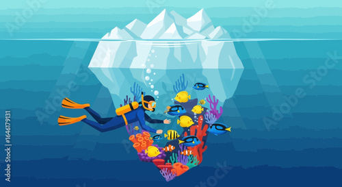 Underwater Exploration: Scuba Diver Interacting with Colorful Marine Life Near Iceberg