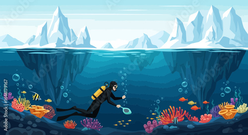 Underwater exploration with scuba diver near arctic iceberg landscape vector illustration