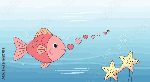 Underwater romance: A cute fish sending heart bubbles to starfish in the blue ocean