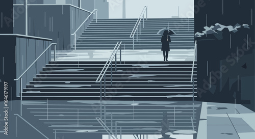 Urban Landscape With Person Under Umbrella Walking On Stairs On A Rainy Day