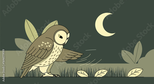Stylized cartoon illustration of an owl in a nocturnal scene with a crescent moon