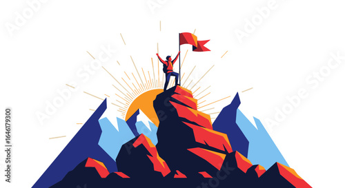 Vector illustration depicting a climber reaching the mountain peak to raise a flag symbolizing success and achieving goals