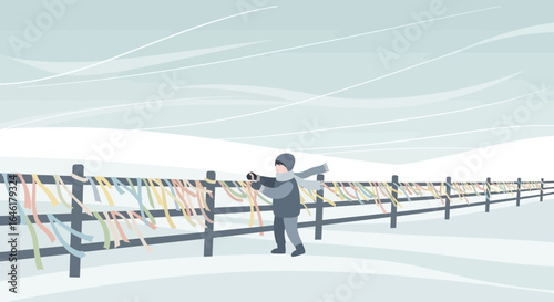 Vector illustration depicting a boy photographing a ribbon decorated fence in winter snowy environment