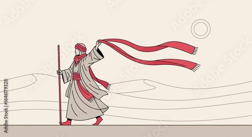 Stylized desert traveler with flowing scarf evokes themes of journey and resilience
