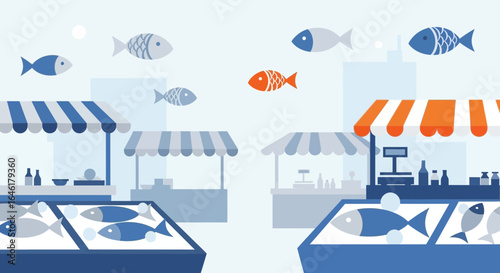 Stylized fish market illustration with vendors and floating fish symbols adding a unique feel