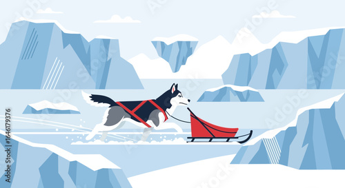 Stylized Husky Dog Sledding Through Snowy Mountain Landscape Illustration