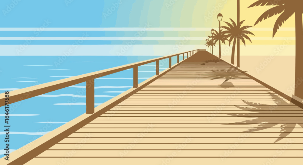 Fototapeta premium Stylized illustration of a wooden pier extending into the ocean at sunset depicting relaxation