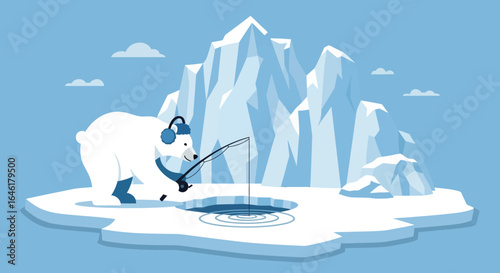 Stylized Illustration of a Polar Bear Fishing on an Ice Floe in Arctic Landscape