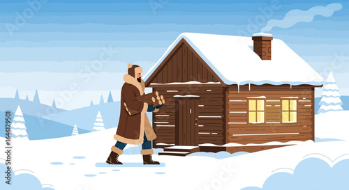 Vector illustration of a man carrying firewood in a snowy winter landscape