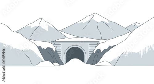 Stylized illustration of a mountain tunnel in a snowy landscape for adventurers