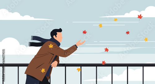 Vector illustration of a man enjoying the autumn season with falling leaves outdoor scenery with cloudy sky and windy weather in a minimalist style