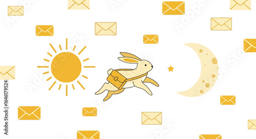 Stylized illustration of a rabbit postman delivering mail between day and night scenes is cute and whimsical