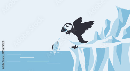 Stylized illustration of a puffin catching fish on an icy cliff in minimal design
