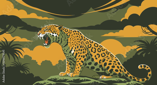 Stylized Illustration of a Roaring Jaguar in a Lush Tropical Environment