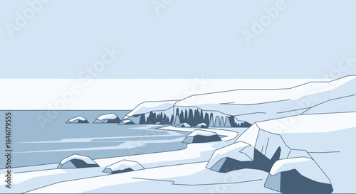 Stylized illustration of a snowy coastline with rocky cliffs and icy formations landscape