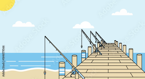 Stylized illustration of a sunny day at the pier with fishing rods awaiting the catch