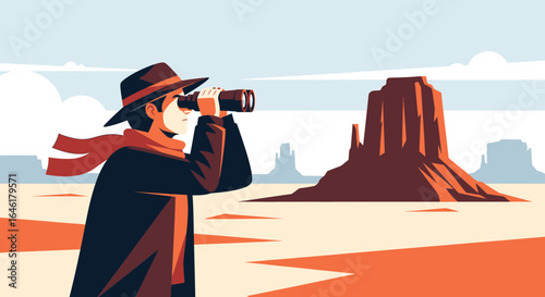 Vector Illustration of a Man with Binoculars in a Desert Landscape Journeying Westward
