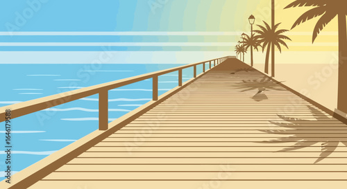 Stylized illustration of a wooden pier extending into the ocean at sunset depicting relaxation