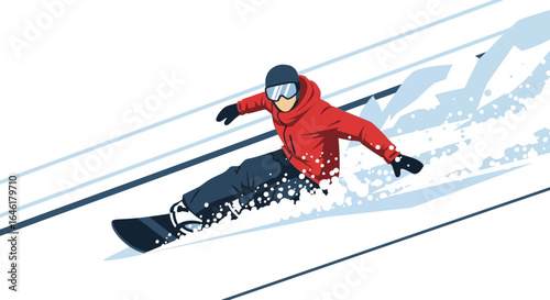 Vector illustration of a snowboarder in action creating snowy curves on slope run