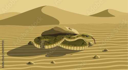 Stylized rattlesnake basking in desert landscape under rocks with sand dunes artistic rendering