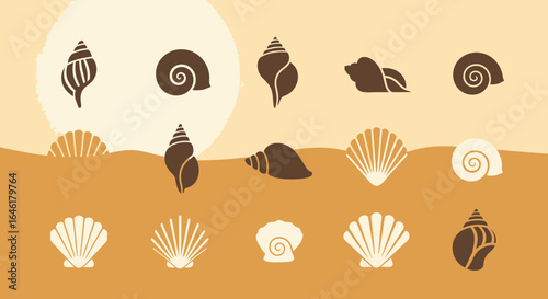 Stylized Seashell Collection On Sandy Dune Background For Coastal Design Elements