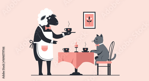 Stylized Sheep Waiter Serving Tea To a Cat Having an Elegant Tea Party