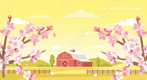 Vector illustration of a springtime rural landscape with a barn surrounded by cherry blossoms conveying the tranquility of countryside life