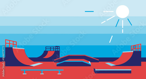 Stylized skate park illustration with ramps rail and a bright sun in a flat design style